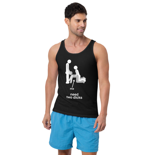 Man wearing a black tank top with graphic design and blue shorts on a white background