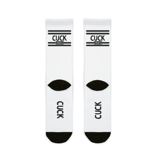 White LetGoGetLaid socks with "CUCK" text available at www.letgogetlaid.com