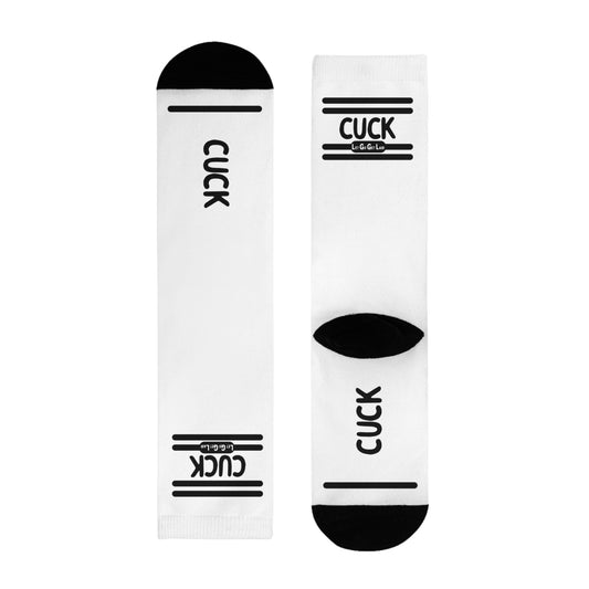White kinky socks with "CUCK text