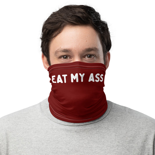 "Eat my ass" text on a burgundy neck gaiter worn by a model