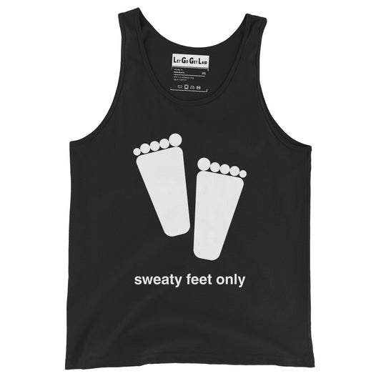Feet and socks etish party tank top for gay men with "Sweaty feet only" text