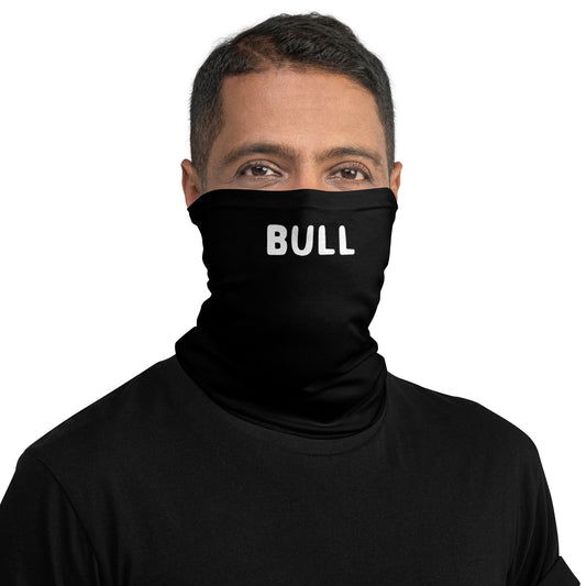 A male model wearing a face cover with "Bull" text for fetish purposes