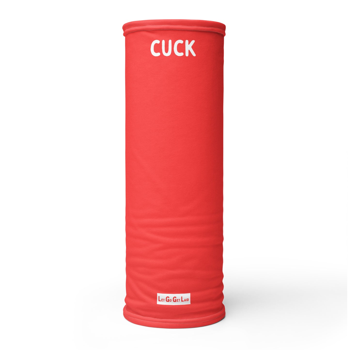 Red face covering with "CUCK" text