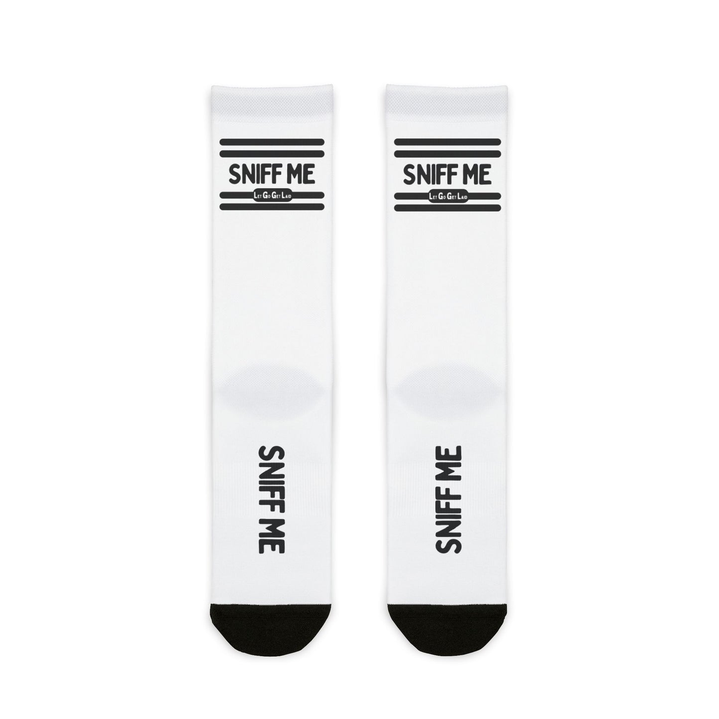 White LetGoGetLaid SNIFF ME Socks - kinky fetish accessories for LGBTQ Community