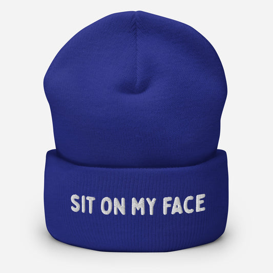 Blue beanie with 'SIT ON MY FACE' text available at www.letgogetlaid.com