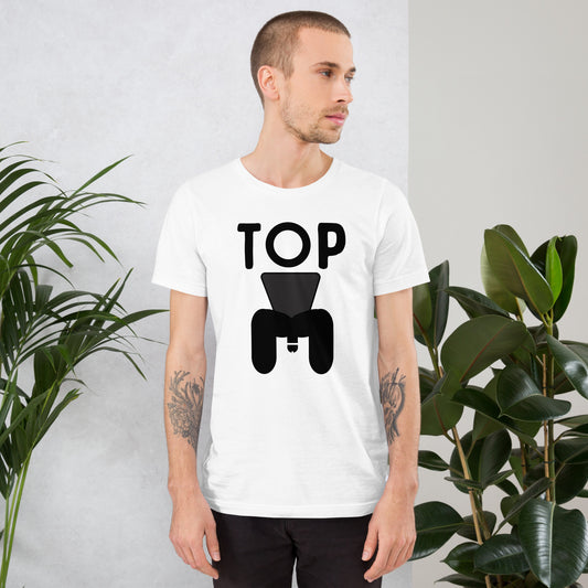 Man wearing a white t-shirt with a black graphic design and the word 'TOP' against a light gray background with plants.