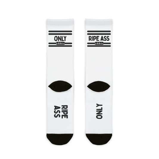 White socks with "Only Ripe Ass" text - facesitting & assplay accessories available at www.letgogetlaid.com
