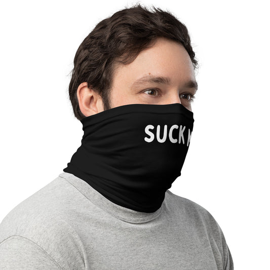 Gaiter with "Suck Me" text on it worn by a model