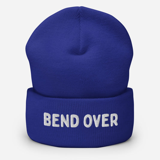 Let Go Get Laid blue beanie with text "BEND OVER" for gay tops