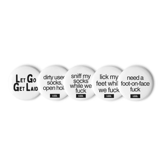 White kinky gay pin buttons featuring sock and feet fetish text