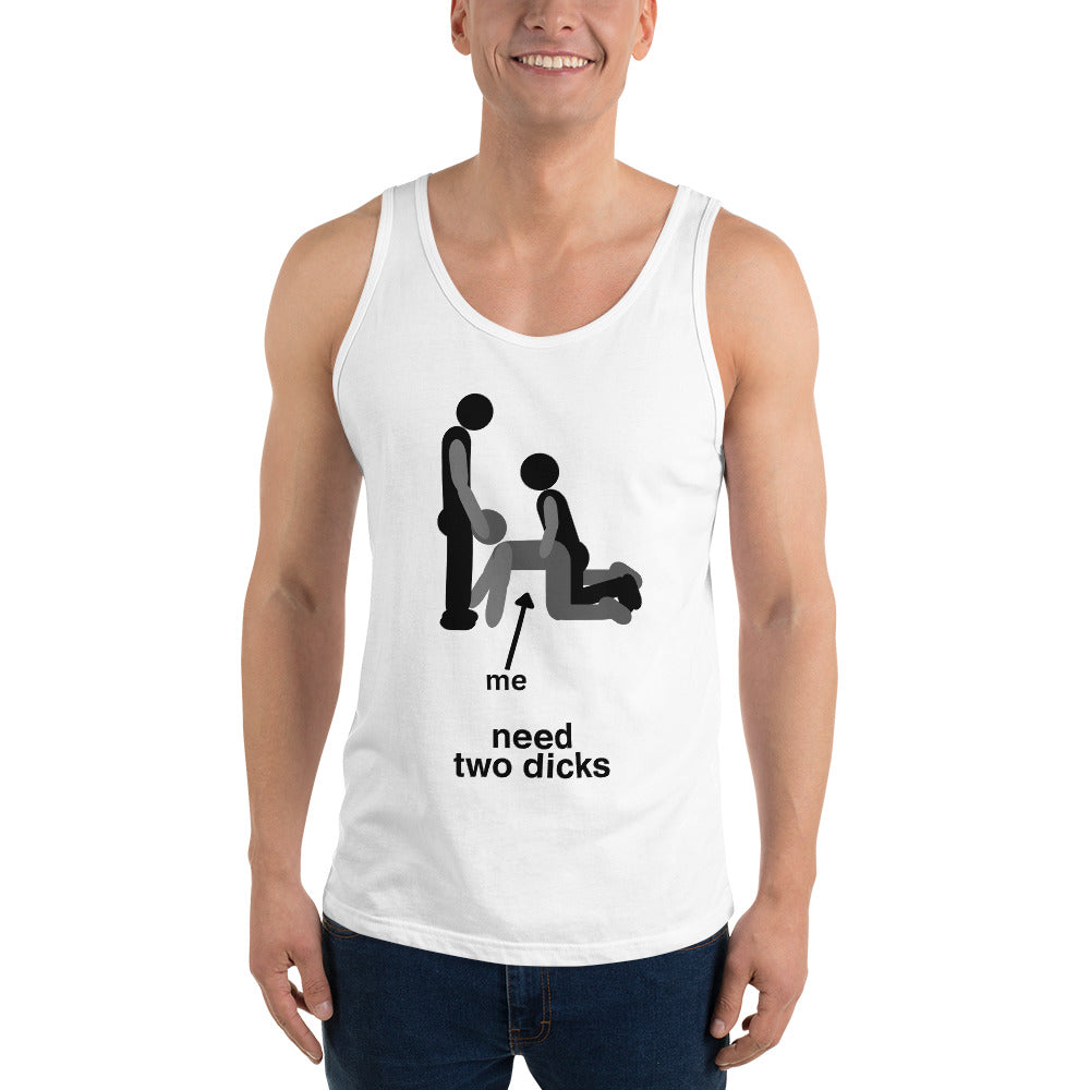Hungry bottom tank top with "need two dicks" text