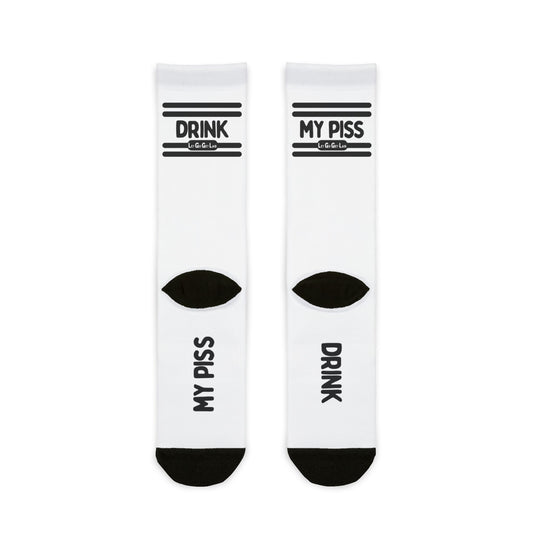 White LetGoGetLaid socks - watersports accessories with "Drink My Piss" text