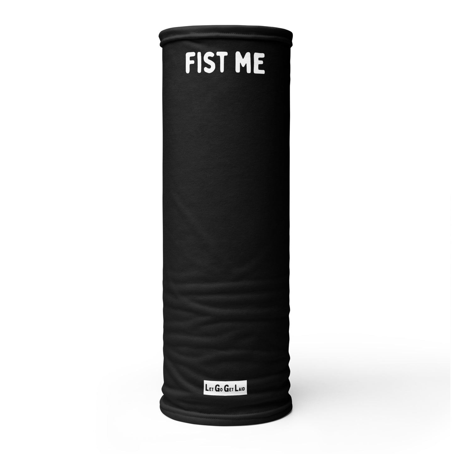 Black neck gaiter with 'FIST ME' text on a white background