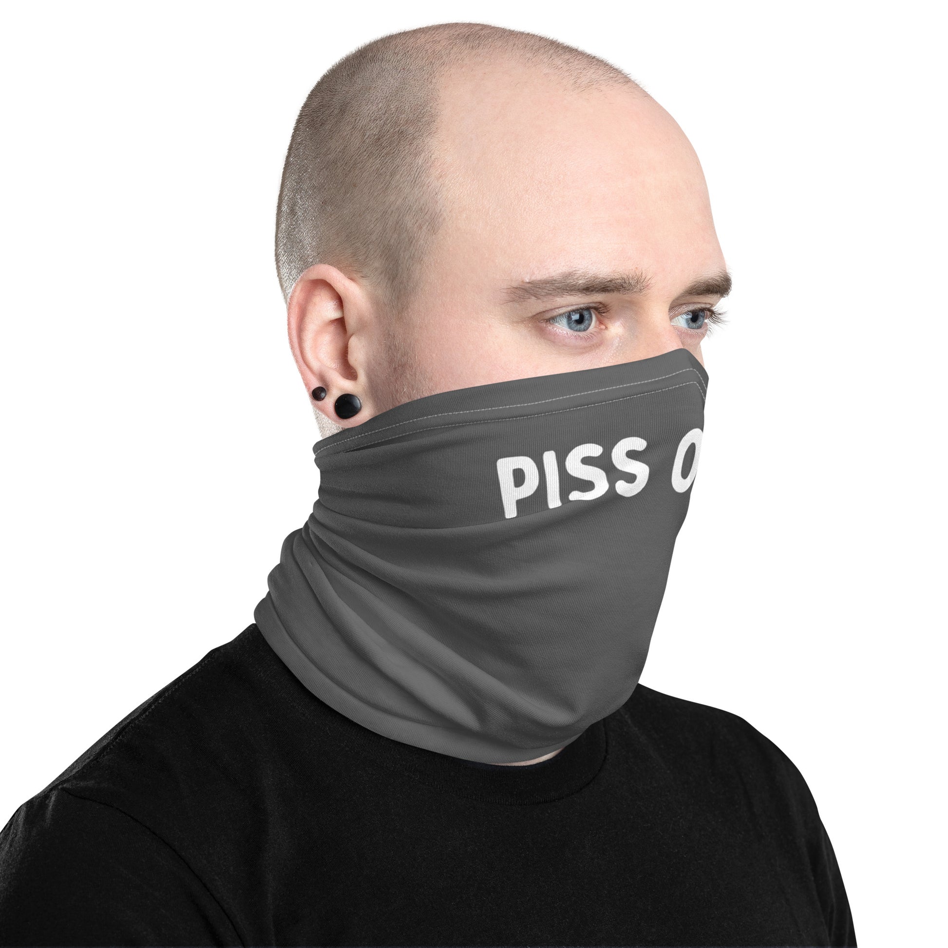 Face covering with "Piss on me" text - side view