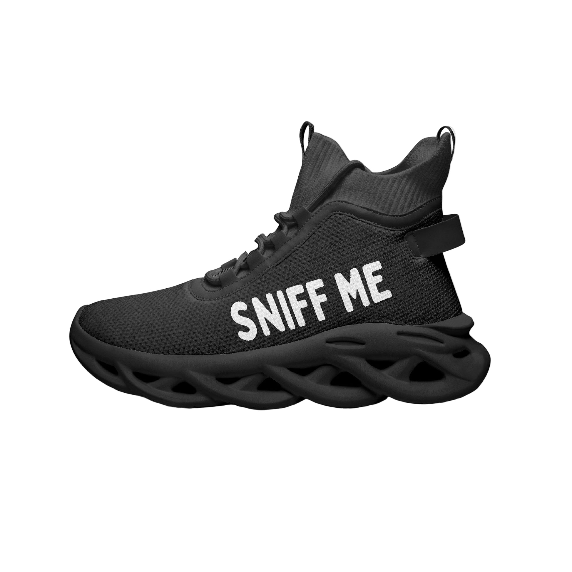 Sneakers with "SNIFF ME" text for fetish parties and kinky play