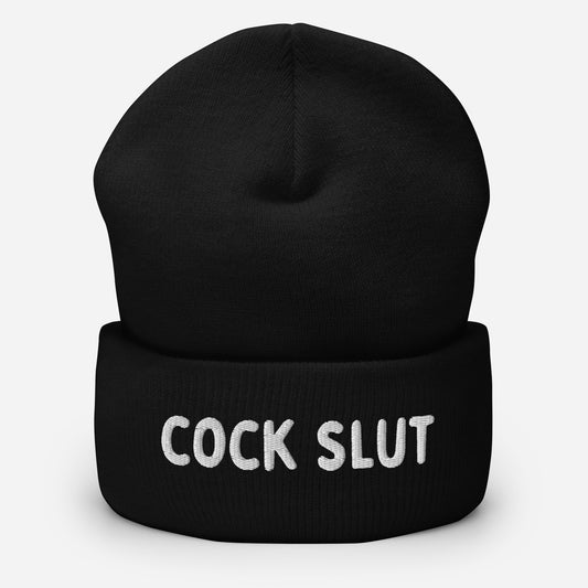 LetGoGetLaid black beanie with "Cock Slut" text