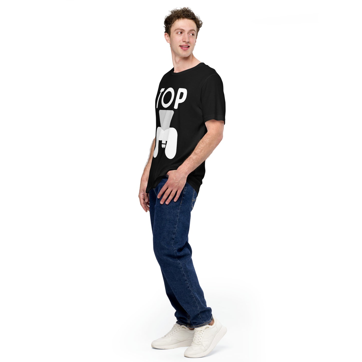 Man wearing a black t-shirt with white text and graphics on a white background