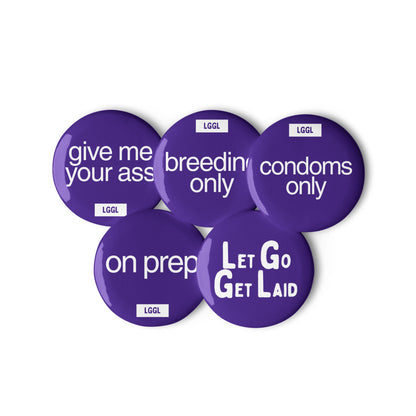 Blue gay top fetish pinback buttons - LetGoGetLaid kink pin badge collection, 56mm