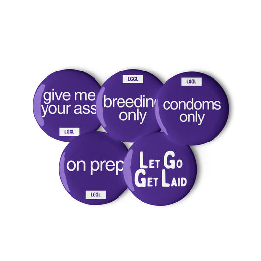 Blue gay top fetish pinback buttons - LetGoGetLaid kink pin badge collection, 56mm