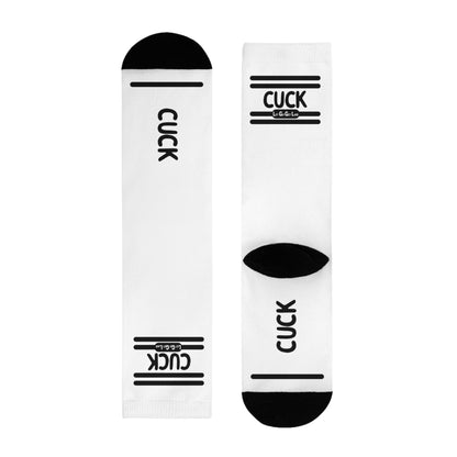 White kinky socks with "CUCK text