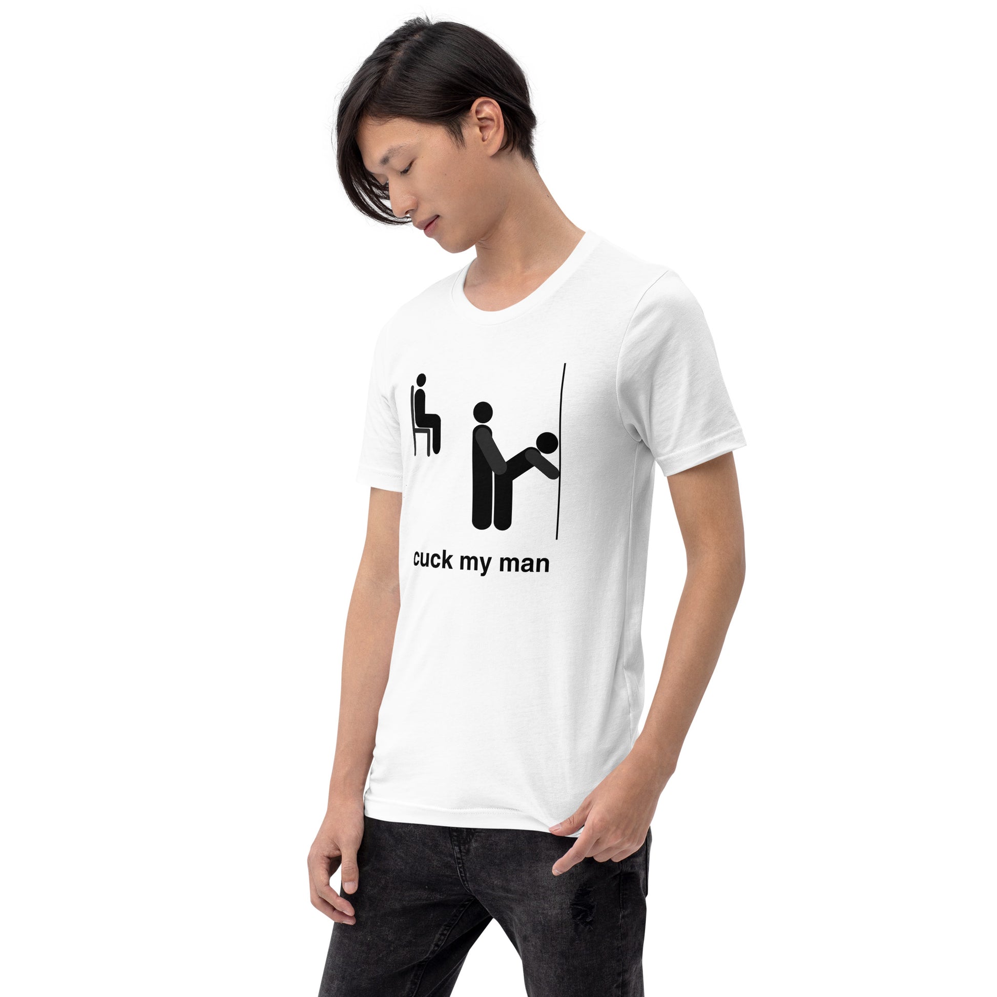 Model wearing a white t-shirt with black graphic design and text "Cuck My Man" on a white background