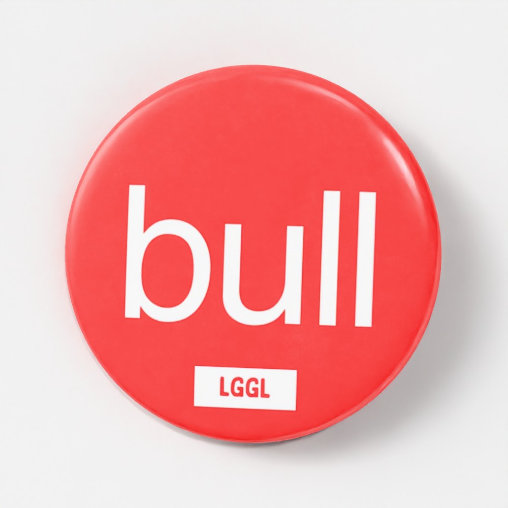 Red round pin button featuring "bull" from gay cuck dynamics