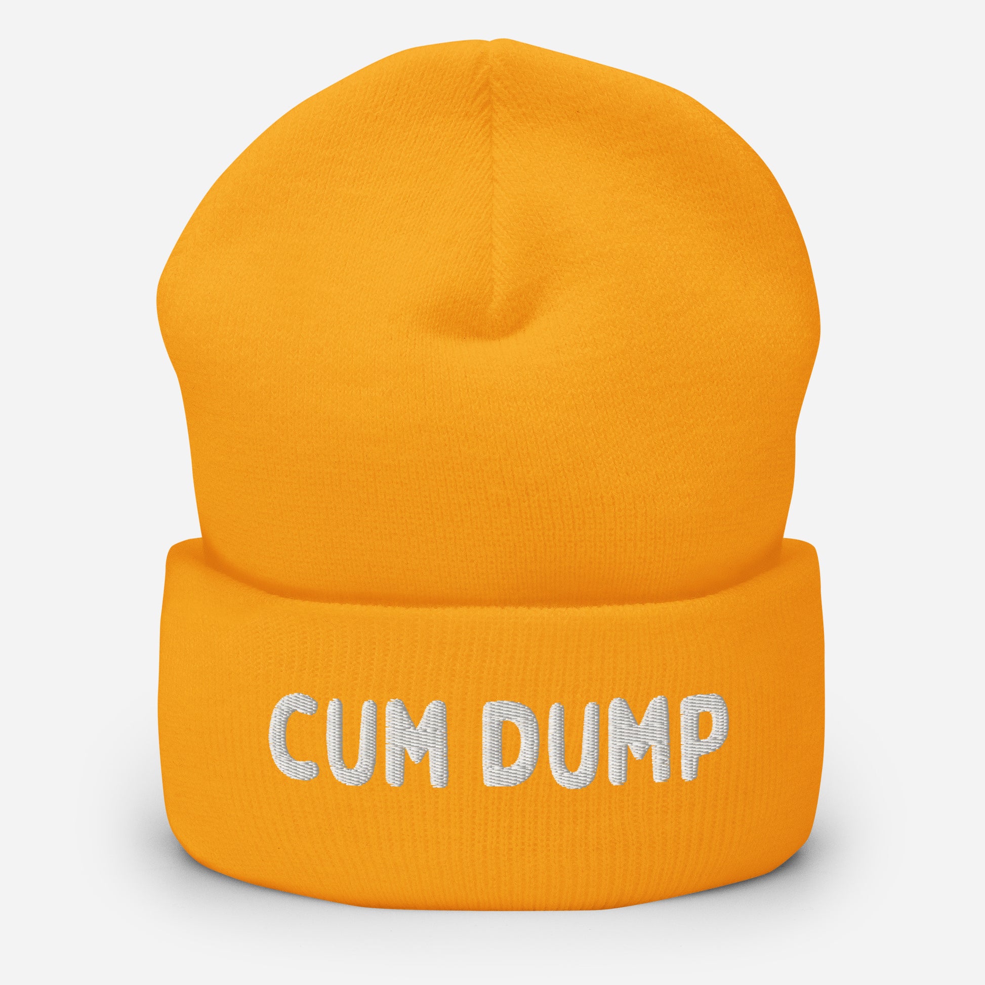 Yellow beanie with "CUMP DUMP" text for winter pride and christmas