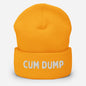 Yellow beanie with "CUMP DUMP" text for winter pride and christmas