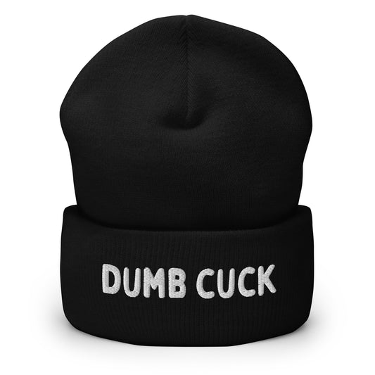 Black beanie for the gay community with text "Dumb Cuck"
