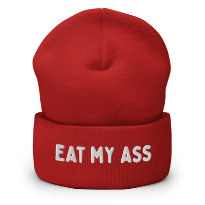 Red beanie with 'EAT MY ASS' text available at www.letgogetlaid.com for Christmas and Gay Pride
