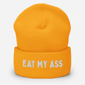 Yellow beanie with "EAT MY ASS" text for LGBTQ community available at www.letgogetlaid.com