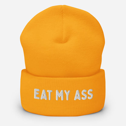 Yellow beanie with "EAT MY ASS" text for LGBTQ community available at www.letgogetlaid.com