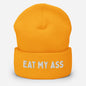 Yellow beanie with "EAT MY ASS" text for LGBTQ community available at www.letgogetlaid.com
