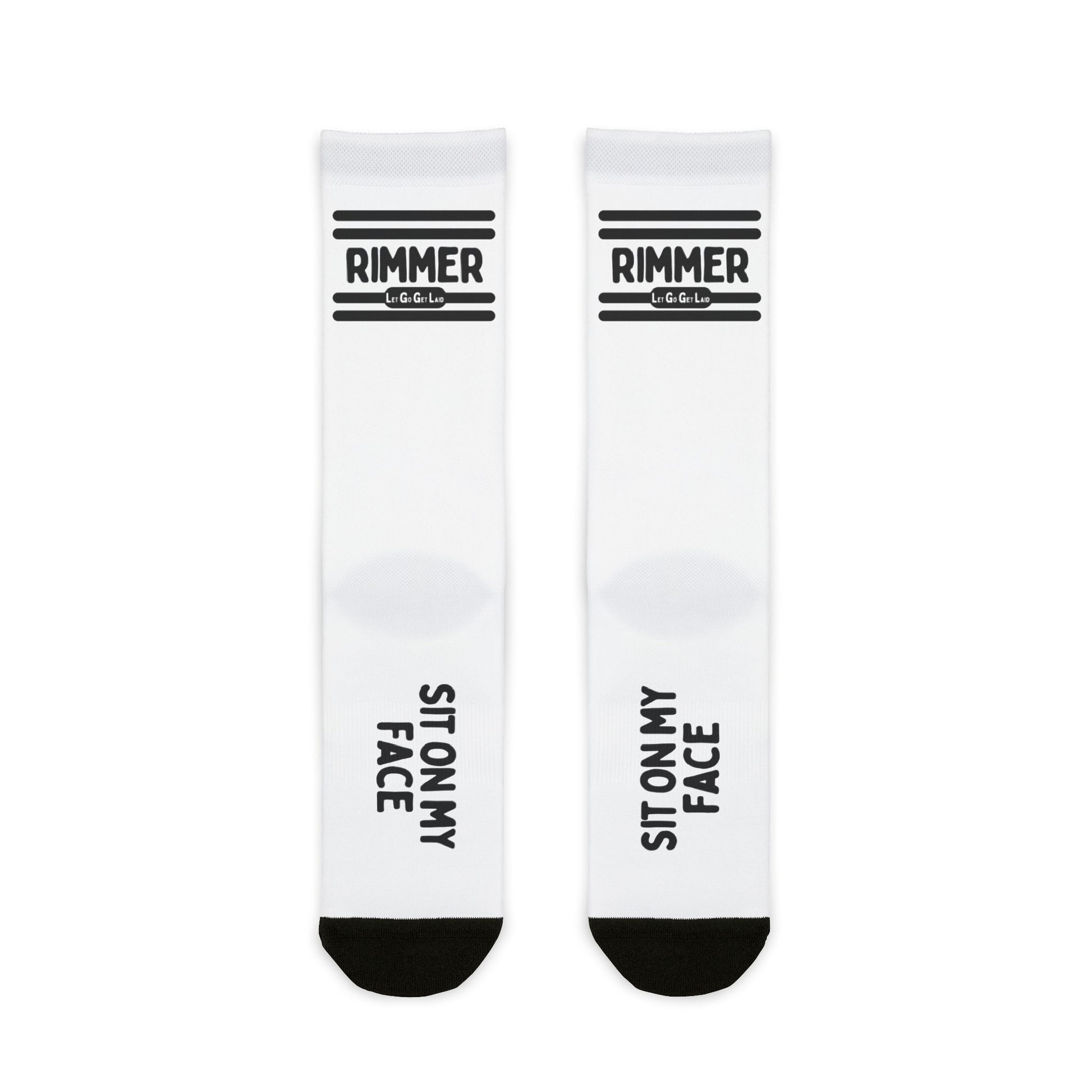 Kinky gay socks with text "RIMMER - SIT ON MY FACE". Only at LetGoGetLaid