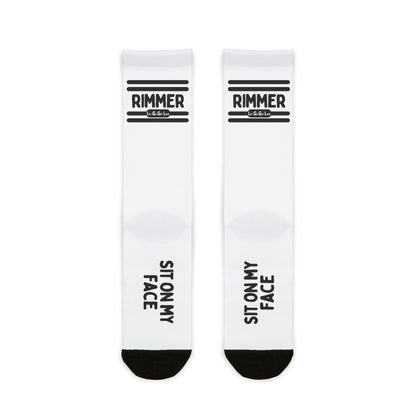 Kinky gay socks with text "RIMMER - SIT ON MY FACE". Only at LetGoGetLaid