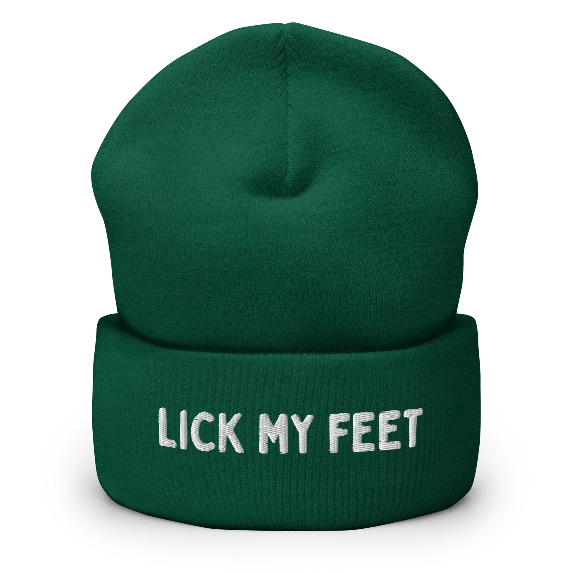 LetGoGetLaid beanie with "Lick my feet" text