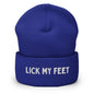 Winter beanie with "Lick My Feet" text for the foot fetish community