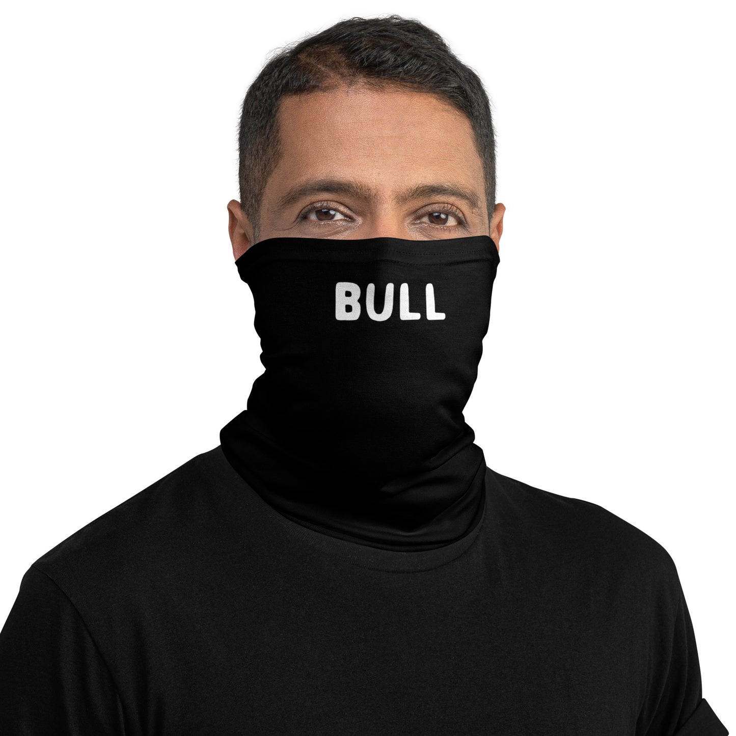 A male model wearing a face cover with "Bull" text for fetish purposes