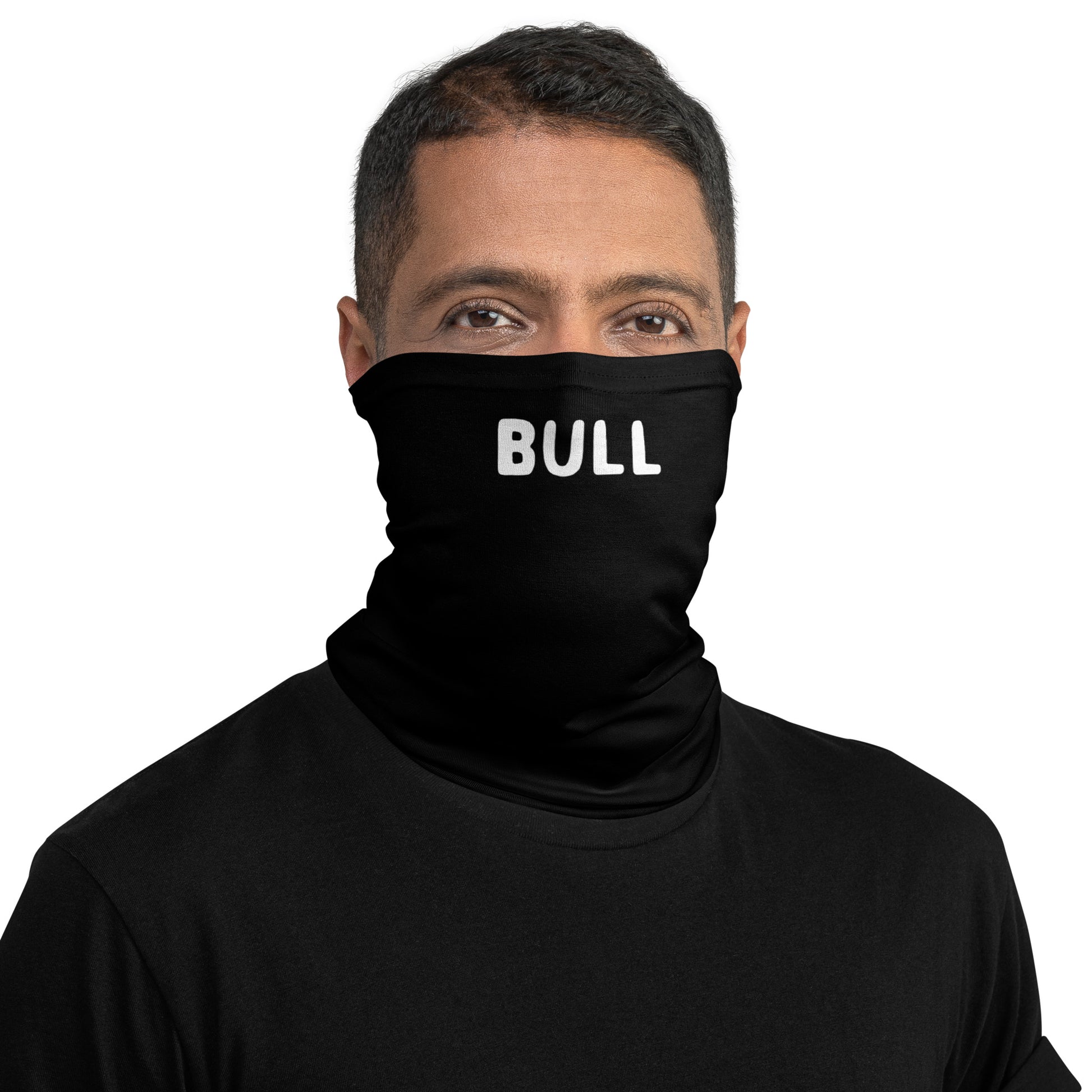 A male model wearing a face cover with "Bull" text for fetish purposes