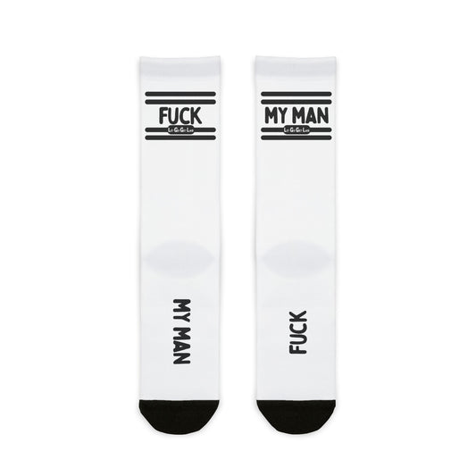 LetGoGetLaid white socks with "Fuck My Man" text - gay pride accessories available at www.letgogetlaid.com