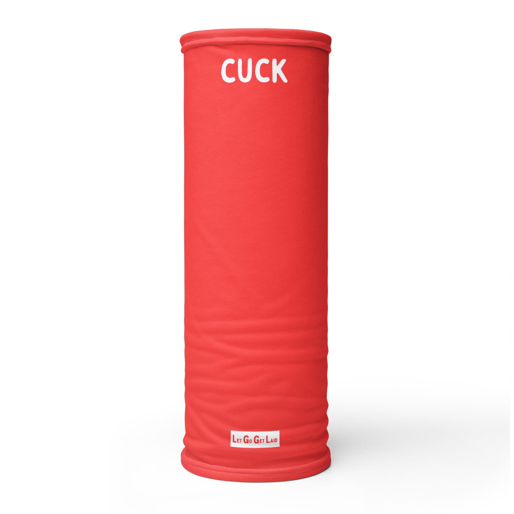 Red face covering with "CUCK" text