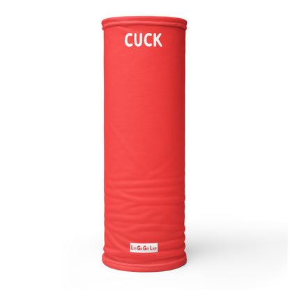 Red face covering with "CUCK" text
