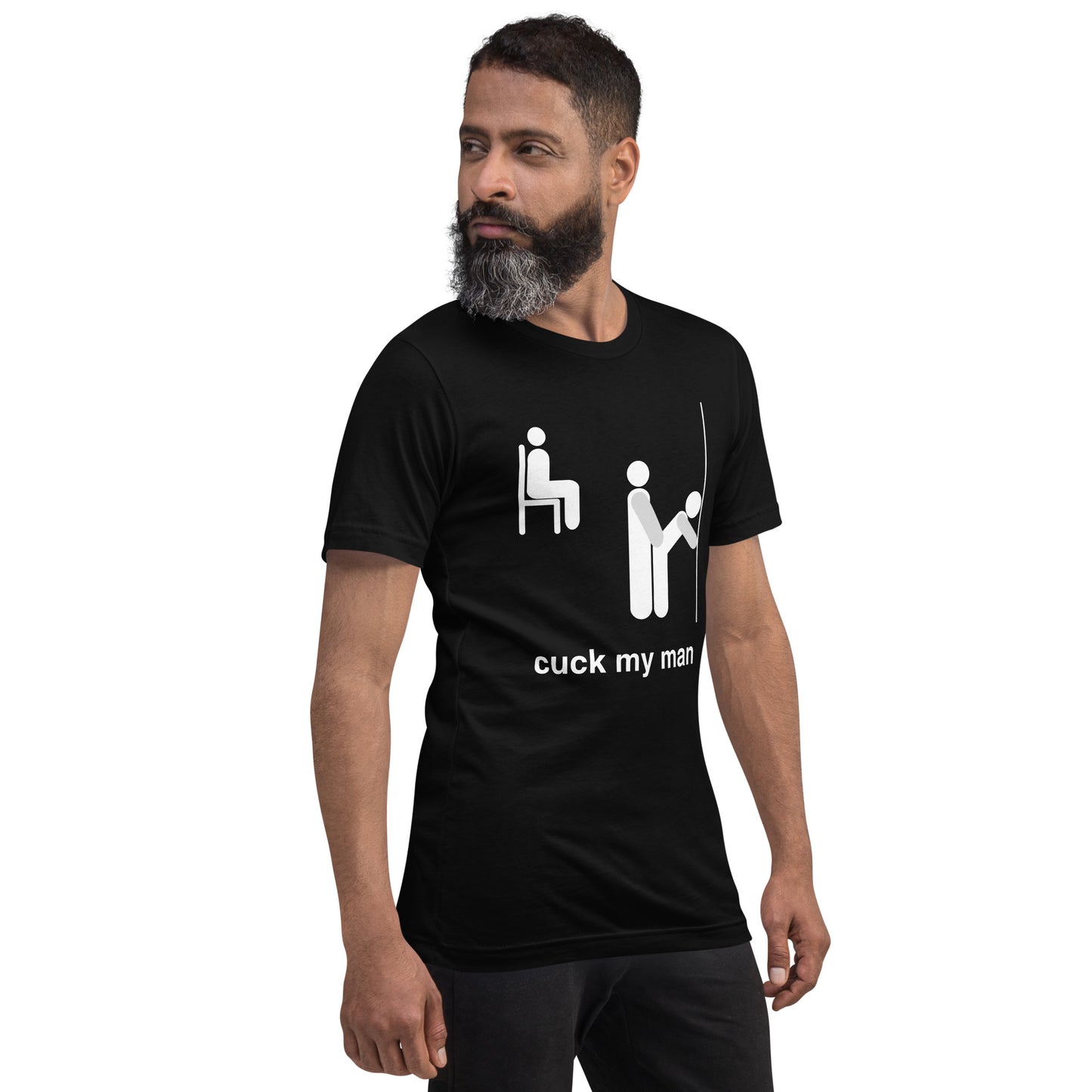 Hot Husband T-shirt with "Cuck My Man" Text for Kinky Play.