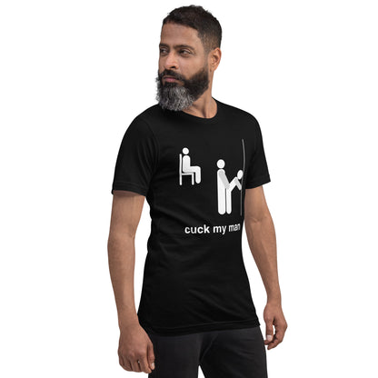 Hot Husband T-shirt with "Cuck My Man" Text for Kinky Play.