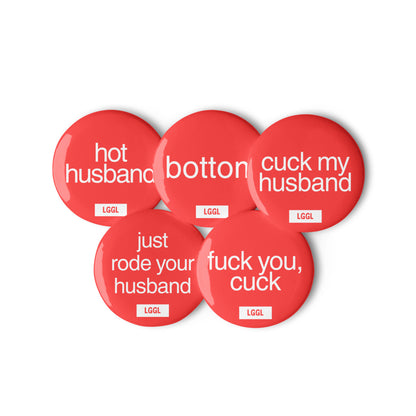 Kinky fetish pin buttons with hot husband and cuck