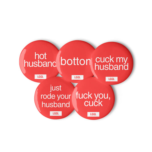Kinky fetish pin buttons with hot husband and cuck