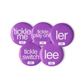 Five gay feet tickling pin badges - Lee, Ler, Tickle Me, Tickle Switch, Tickle Play Only - gay kink accessories at www.letgogetlaid.com
