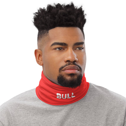 Text "Bull" on a red neck gaiter worn by a handsome male model