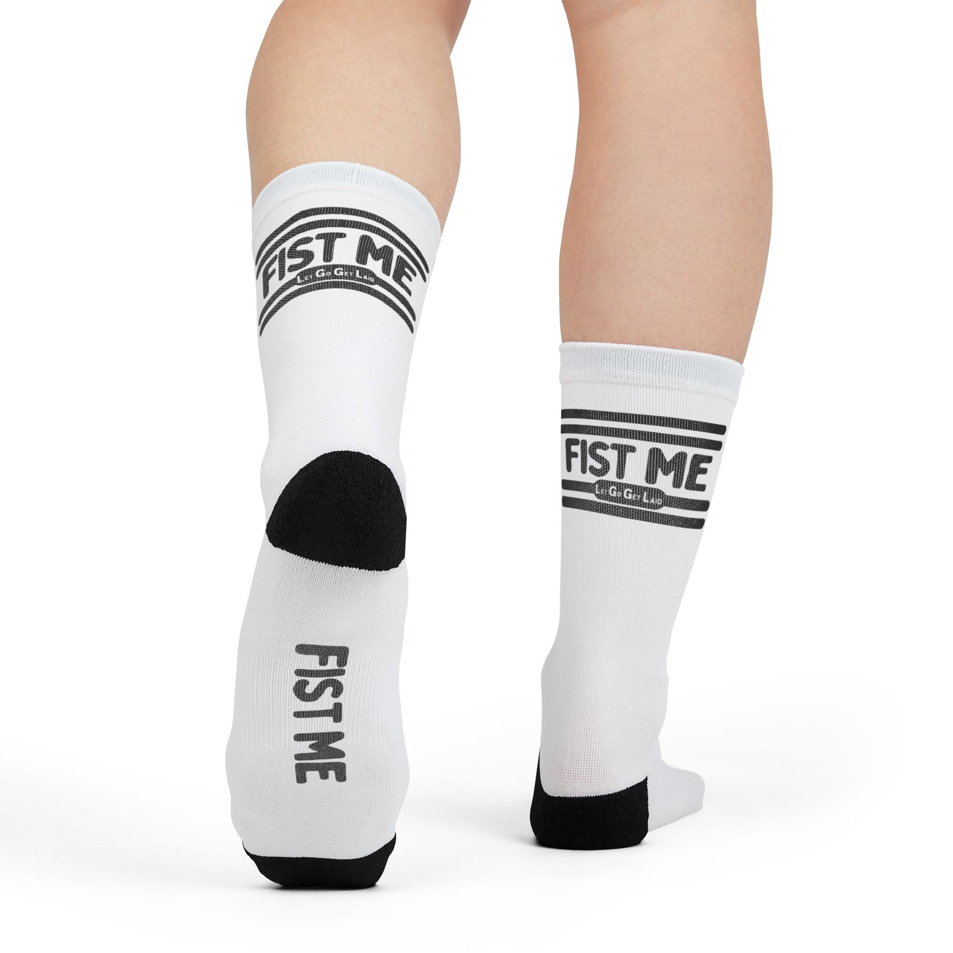 Gay Assplay Accessories: White socks with black text "FIST ME"