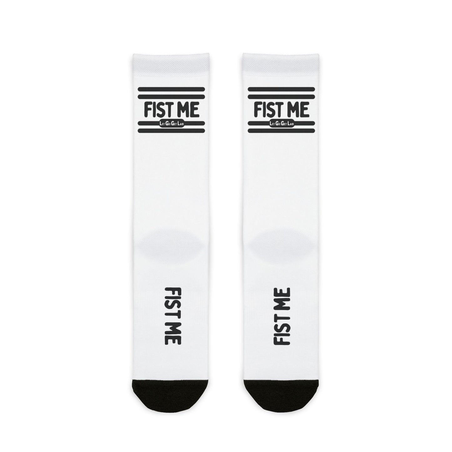 Gay Fisting Gear at LetGoGetLaid. White "FIST ME" Socks 